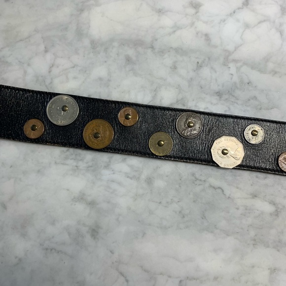 Mens Black Leather Belt With Coins From Around World Size Medium Leather Shop - Picture 5 of 11